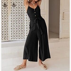 NEW ANRABESS Women Sz L Coastal Crop Wide Leg Black Jumpsuits Whimsigoth
